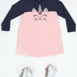 Kleid "Uni-cat" In Dunkelblau/ Rosa -Günstiges Moden Zauber Geschäft denokids kleid uni cat in dunkelblau rosa 1